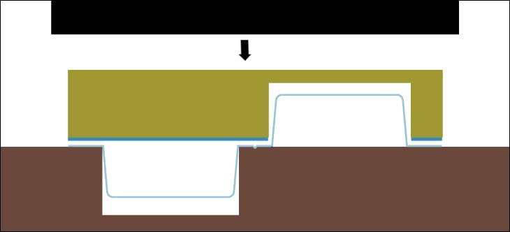 クラムシェルパッケージのように片側が凹、片側が凸になっている形状は、凸がつぶれないように抜板を工夫して抜く。